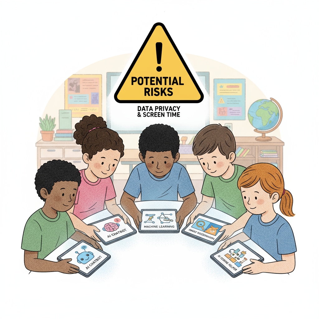 A group of children are gathered around tablets, each tablet showing different AI-related apps. There's a large caution sign in the background, indicating potential risks. Children using AI apps with a caution sign, related to child safety in the context of AI exploration.