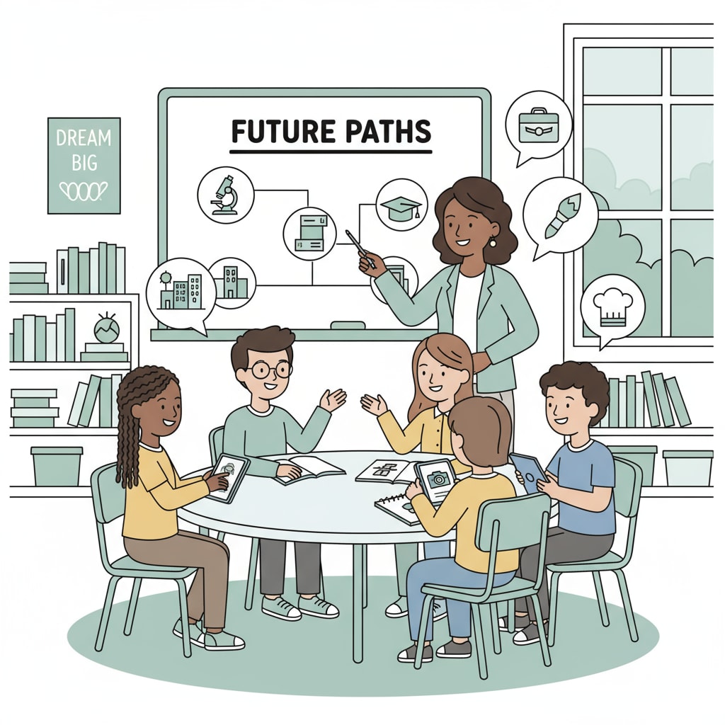 A classroom scene where students are engaged in a discussion about their future career paths. K12 students discussing career options related to forensic psychology, college majors, and career planning.