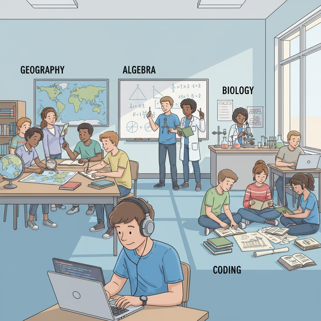 High school students studying different subjects in a classroom setting, showing a diverse range of academic activities. High school students preparing for a career in forensic psychology through various academic subjects, related to college majors and career planning.