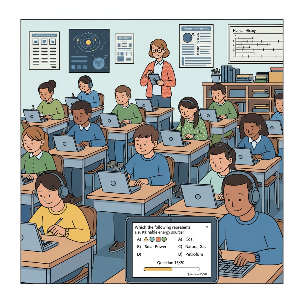 A classroom scene where students are taking a test, showing the common form of current educational assessment. A classroom scene of students taking a test related to educational assessment, student ability measurement, and teaching strategies