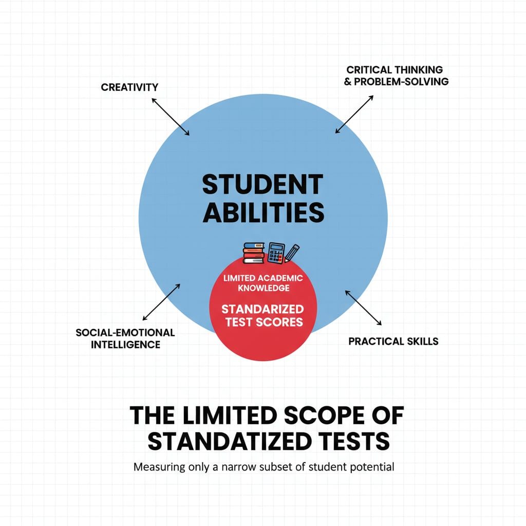 A graph presenting the limited scope of standardized tests in measuring student abilities. A graph showing the limited range of standardized tests relevant to educational assessment, student ability measurement, and teaching strategies