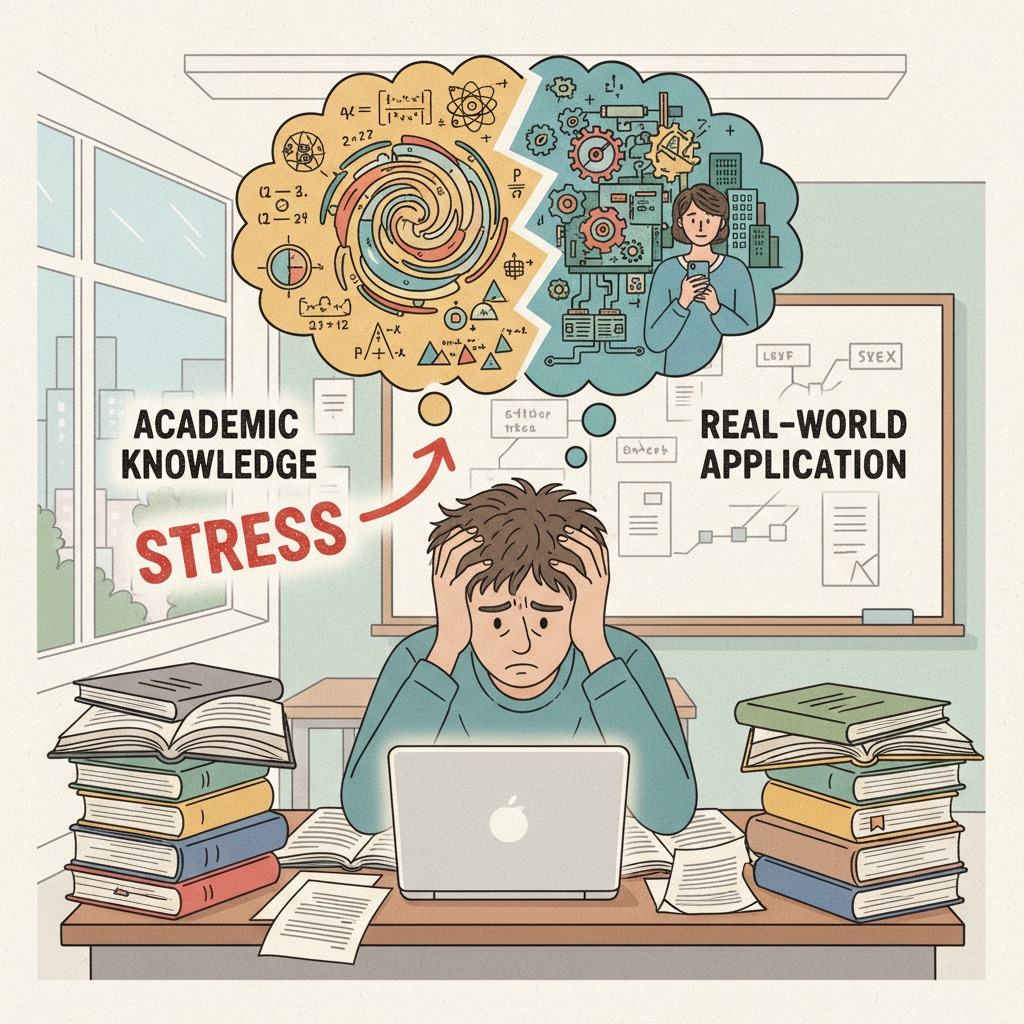 A frustrated student representing the stress due to the educational gap in school education, practicality, and future application