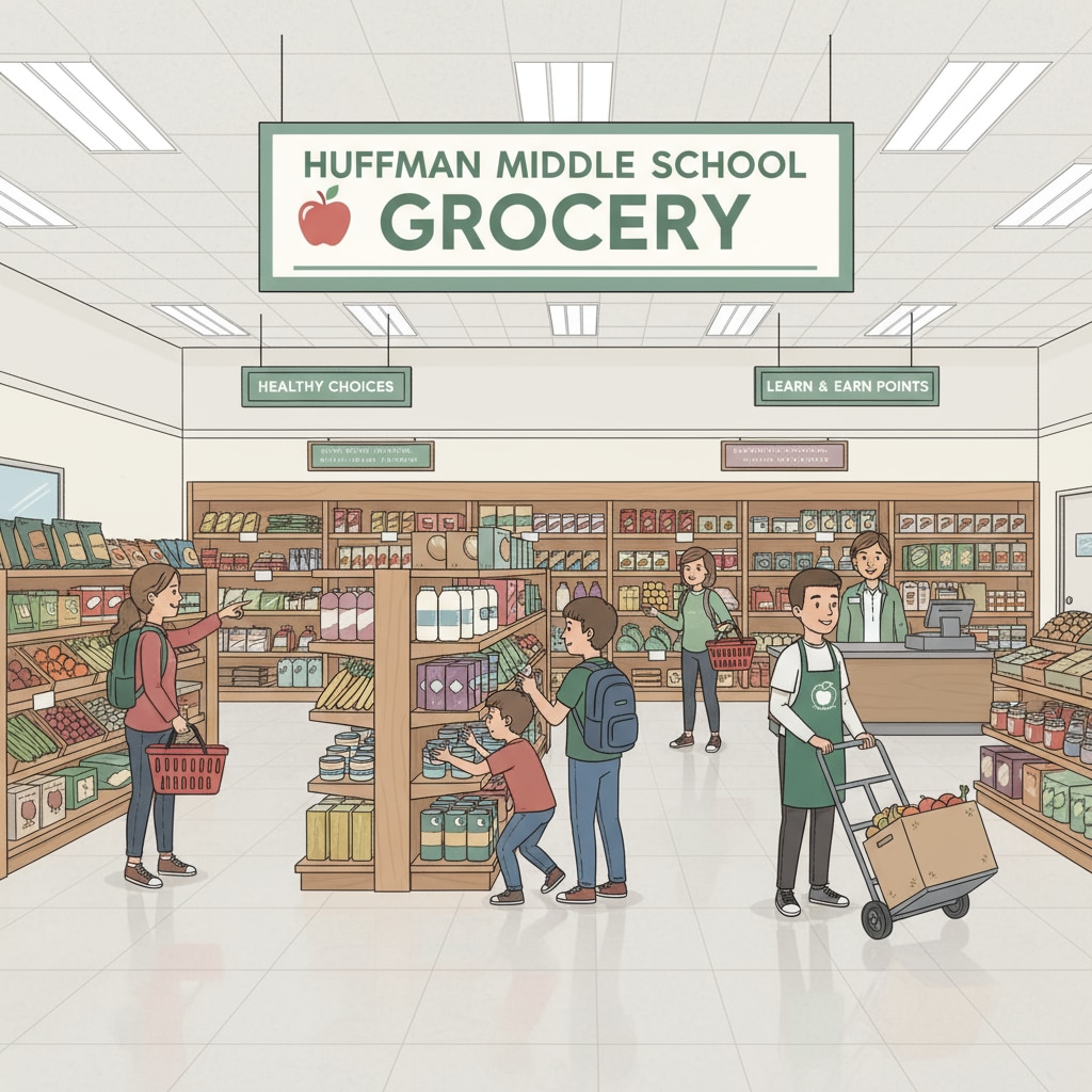 A scene inside the in-school grocery store at Huffman Middle School where students are engaged in various activities such as shopping and restocking shelves. In-school grocery store at Huffman Middle School promoting educational innovation.