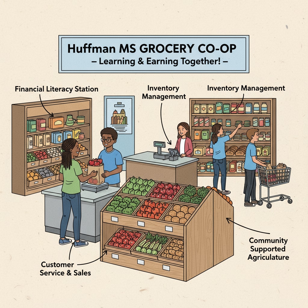 Students collaborating to manage the in-school grocery store at Huffman Middle School, demonstrating teamwork and practical skills. Students working at the in-school grocery store at Huffman Middle School as part of educational innovation.