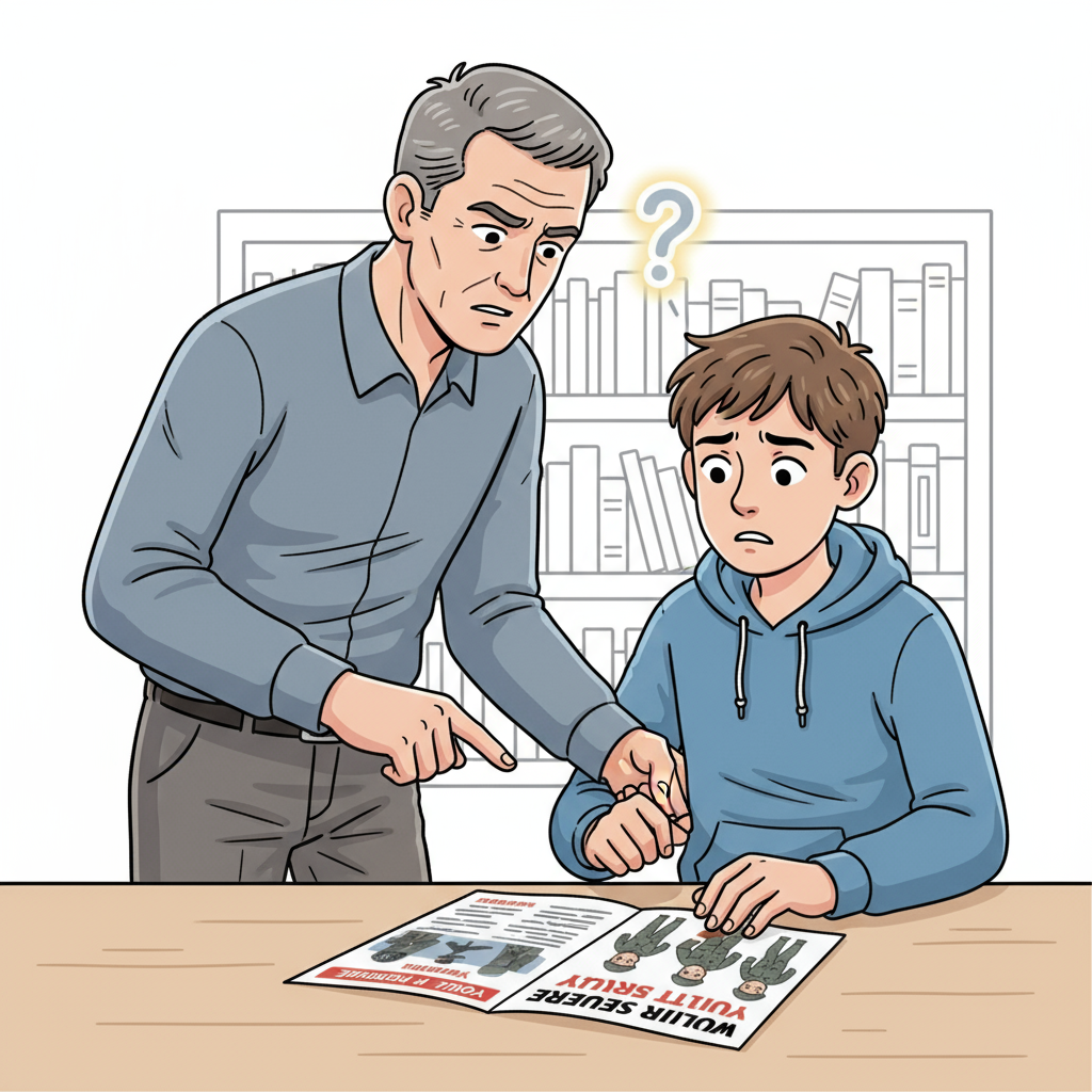 A stressed teenage boy looking at a pamphlet for military service, while his father gestures towards it, implying a forced career choice, father-son conflict is visible in their expressions. Forced career choice, father-son conflict, military career