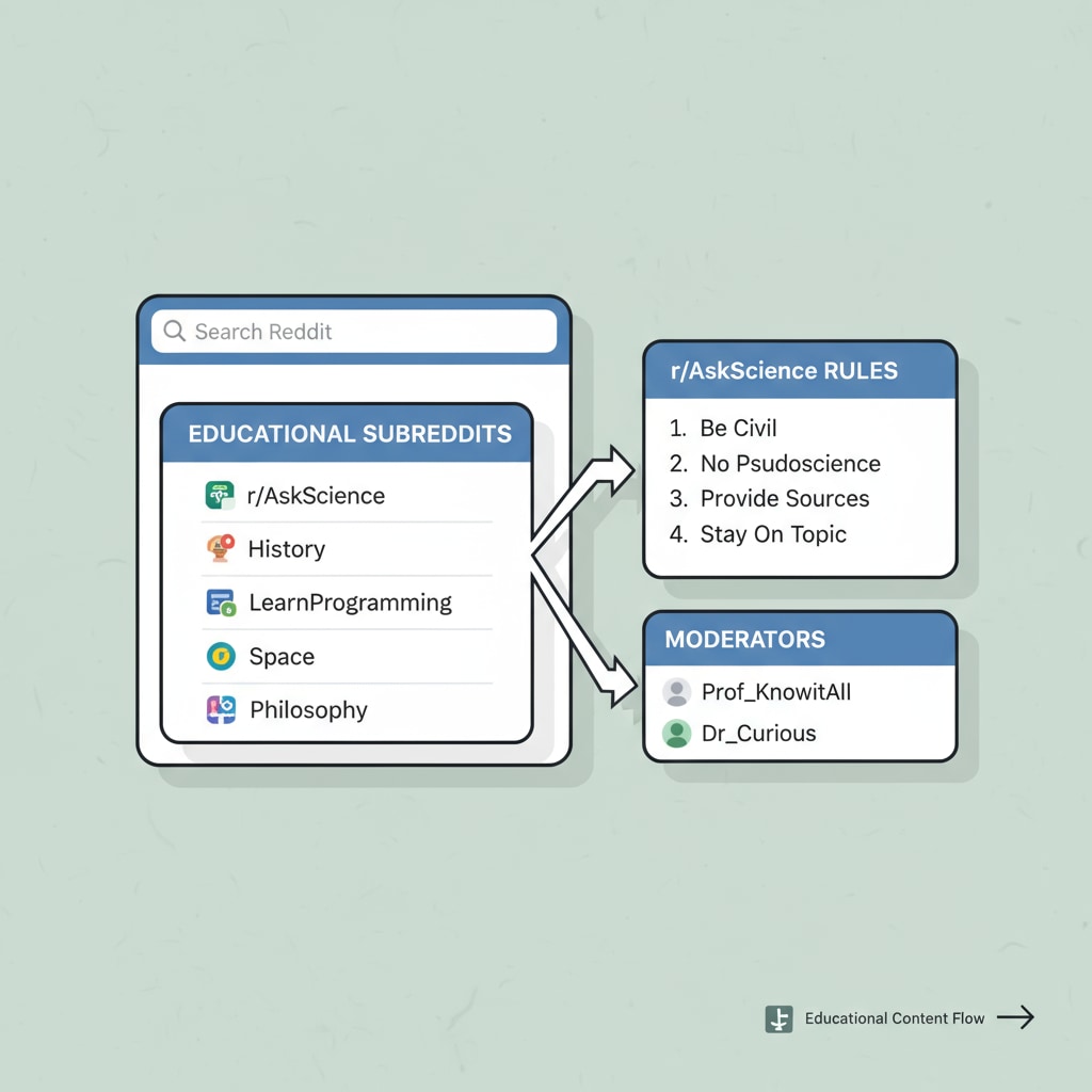 Reddit educational community interface with rules and subreddits visible
