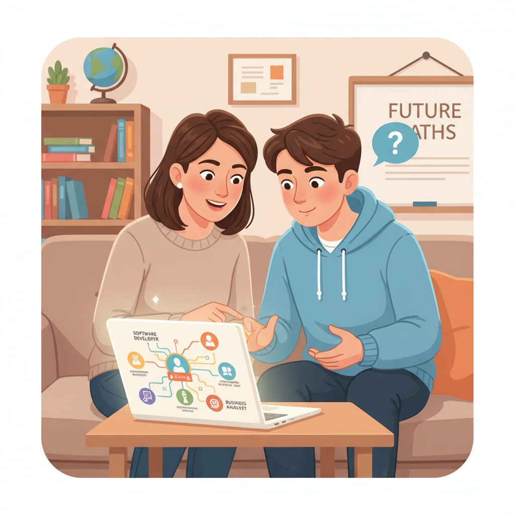 A parent and a teenager sitting together, looking at a laptop and discussing different career options, symbolizing open communication and shared decision-making in career development. Teen career autonomy, parental expectations, career development