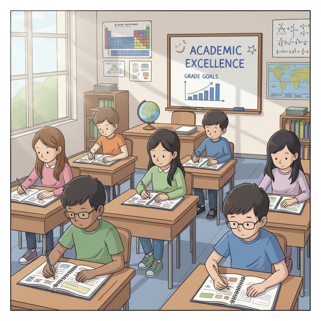 A group of students are sitting at their desks in a classroom. They are concentrating on their studies, surrounded by textbooks and notebooks. This represents the academic environment where students strive for good grades. Students studying hard in a classroom setting related to grades and academic performance