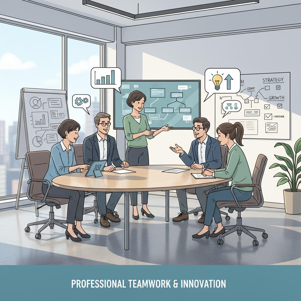 A group of professionals are gathered around a conference table in a modern office. They are engaged in a lively discussion, sharing ideas and collaborating. This depicts the workplace environment where skills like teamwork and communication are crucial. Employees collaborating in an office related to workplace skills and success