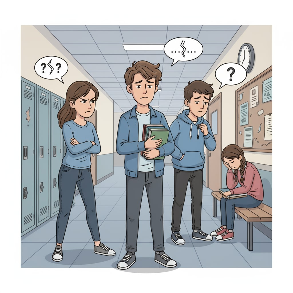 A group of students looking unhappy in a school corridor, showing signs of strained relationships Students with strained relationships in a school corridor, related to school bullying, interpersonal relationships, and peer hostility