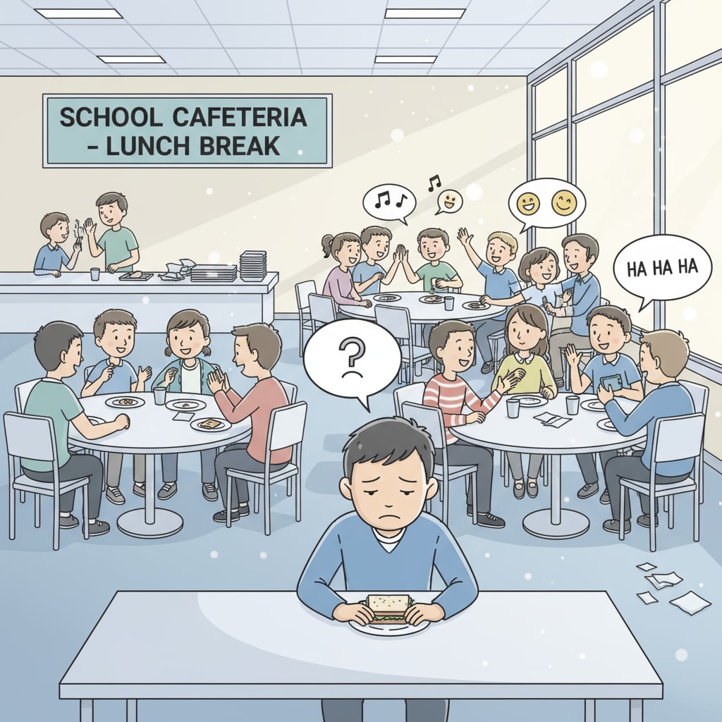 A student sitting alone in the cafeteria while others chat and laugh in groups, showing signs of social exclusion A student experiencing social exclusion in the cafeteria, related to school bullying, interpersonal relationships, and peer hostility