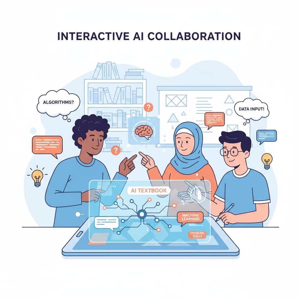 Students collaborating on interactive learning activities in AI textbooks inspired by Bloom's Taxonomy
