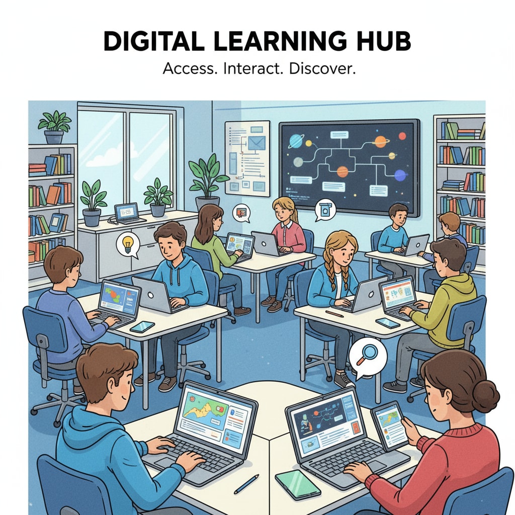 Students are seen using digital devices such as laptops and tablets in a modern classroom setting to access various learning resources available online. K12 students accessing online learning resources with focus on Lawessaypros legitimacy and order security