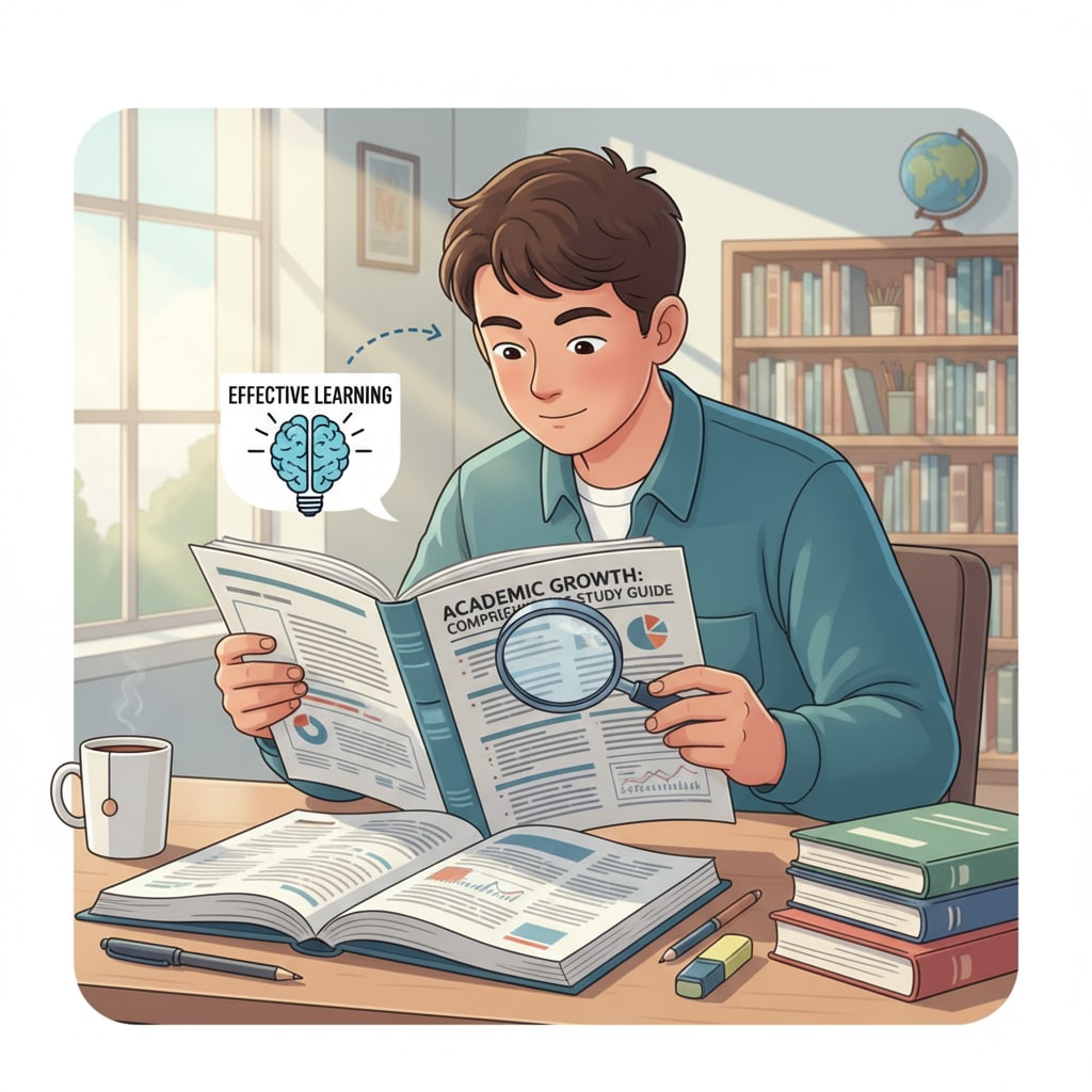 A student is shown closely examining a study guide that is considered a legitimate learning resource, highlighting the importance of using proper materials for academic growth. Student studying a legitimate study guide in relation to Lawessaypros legitimacy and order security