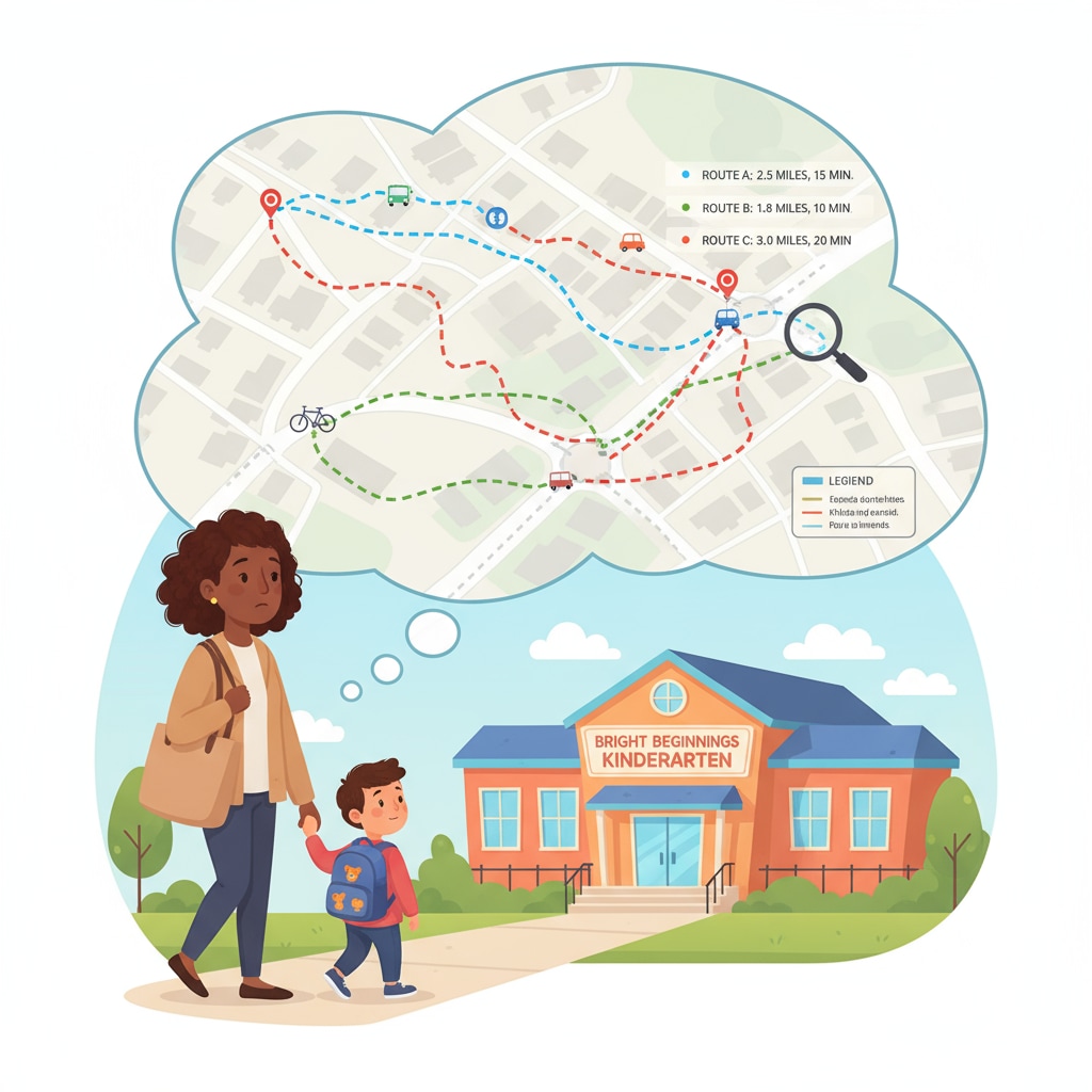A parent walking a child to a kindergarten, with a map showing different routes and distances in the background. This visual represents the thought process parents go through when considering the commute to a private kindergarten. Parent walking child to kindergarten while considering commute distances