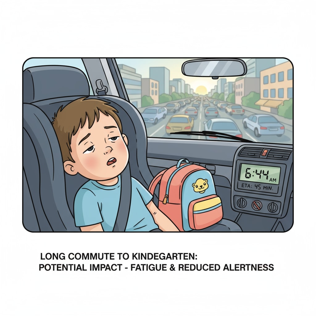 A child looking sleepy in a car during a long commute to kindergarten, highlighting the potential negative impact of a long commute on a child. Sleepy child during long commute to private kindergarten