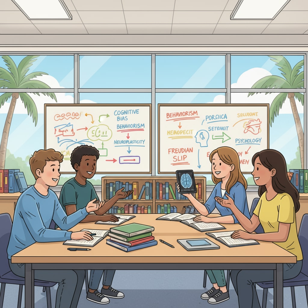 Students discussing in a Florida psychology classroom related to psychiatry doctoral education