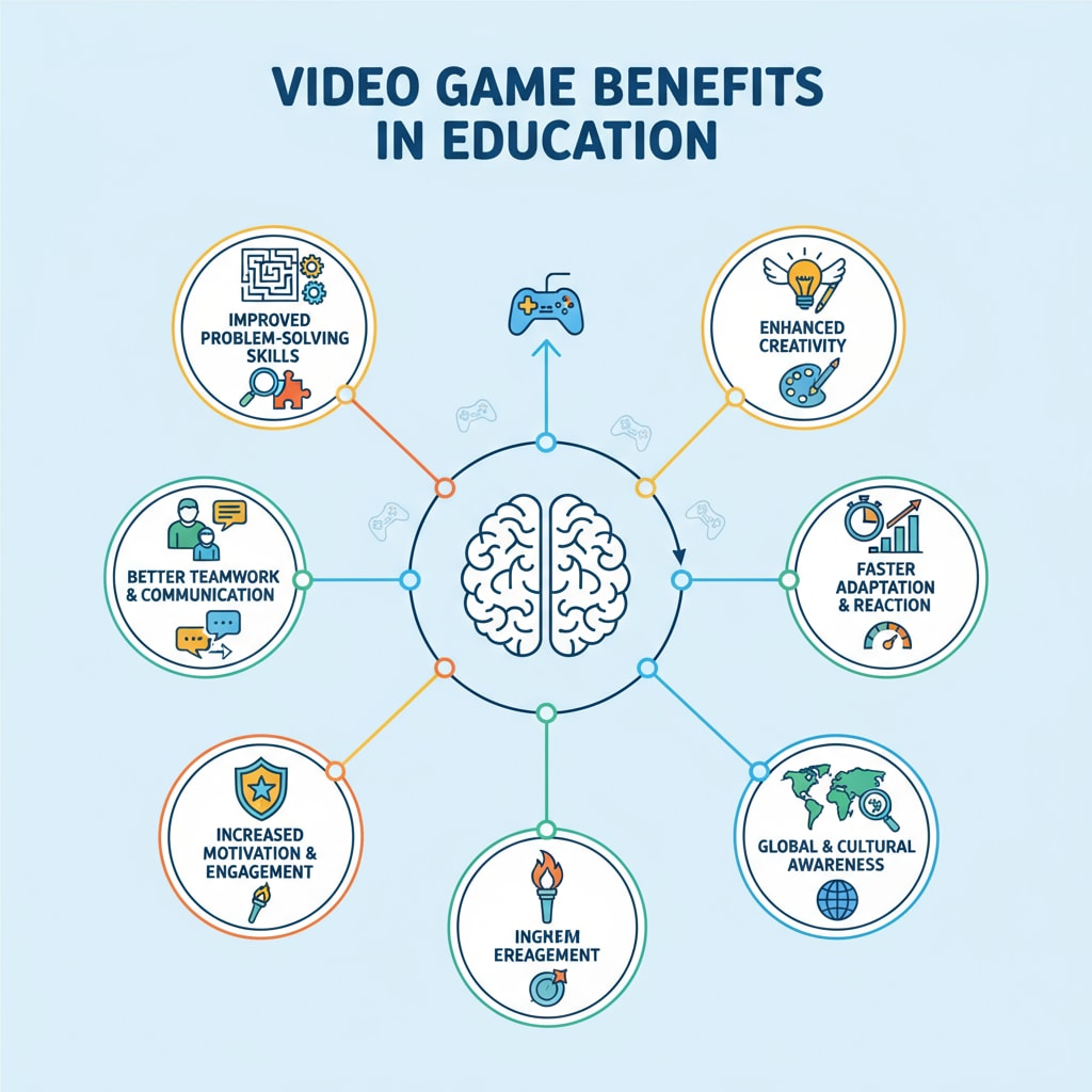 Infographic showing the educational benefits of video games relevant to secondary education and teacher workshops.