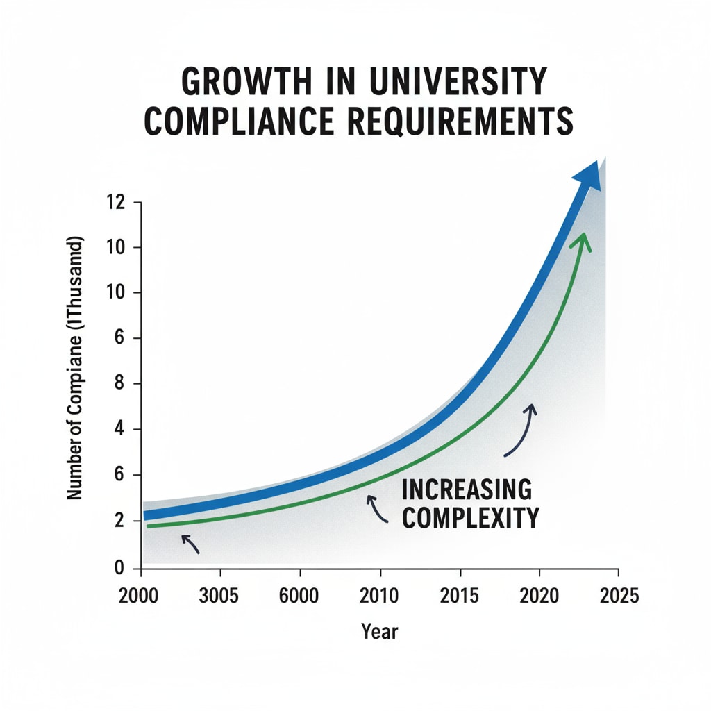 A graph visually representing the growth in the number of compliance requirements in universities over a span of several years, highlighting the increasing complexity. Graph showing the growth of compliance requirements in universities related to Title IX, Clery Act, and FERPA