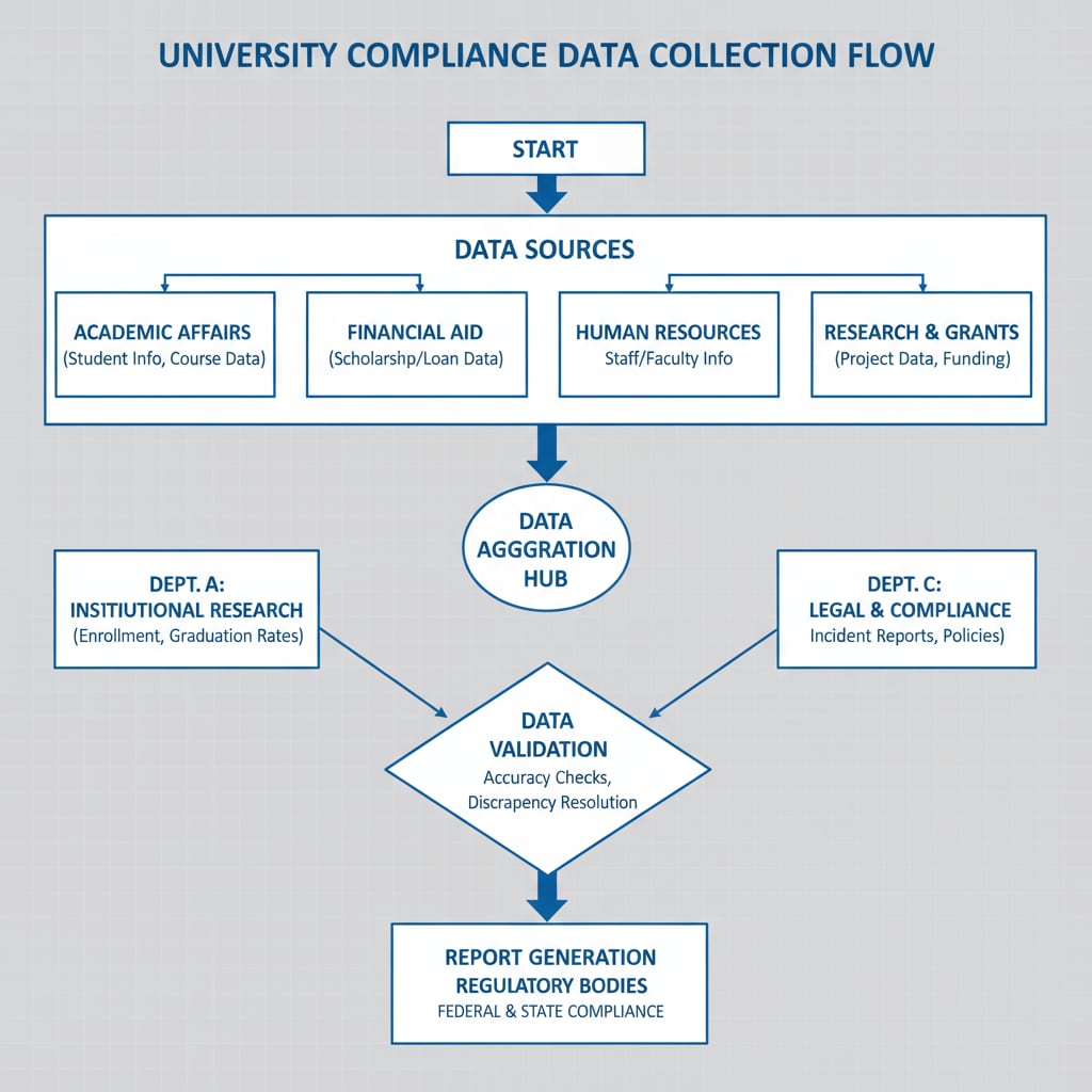 A flowchart that details the intricate process of data collection for university compliance reports, including data sources from different departments and the flow of information. Flowchart depicting the complex data collection process for university compliance reports relevant to Title IX and other regulations