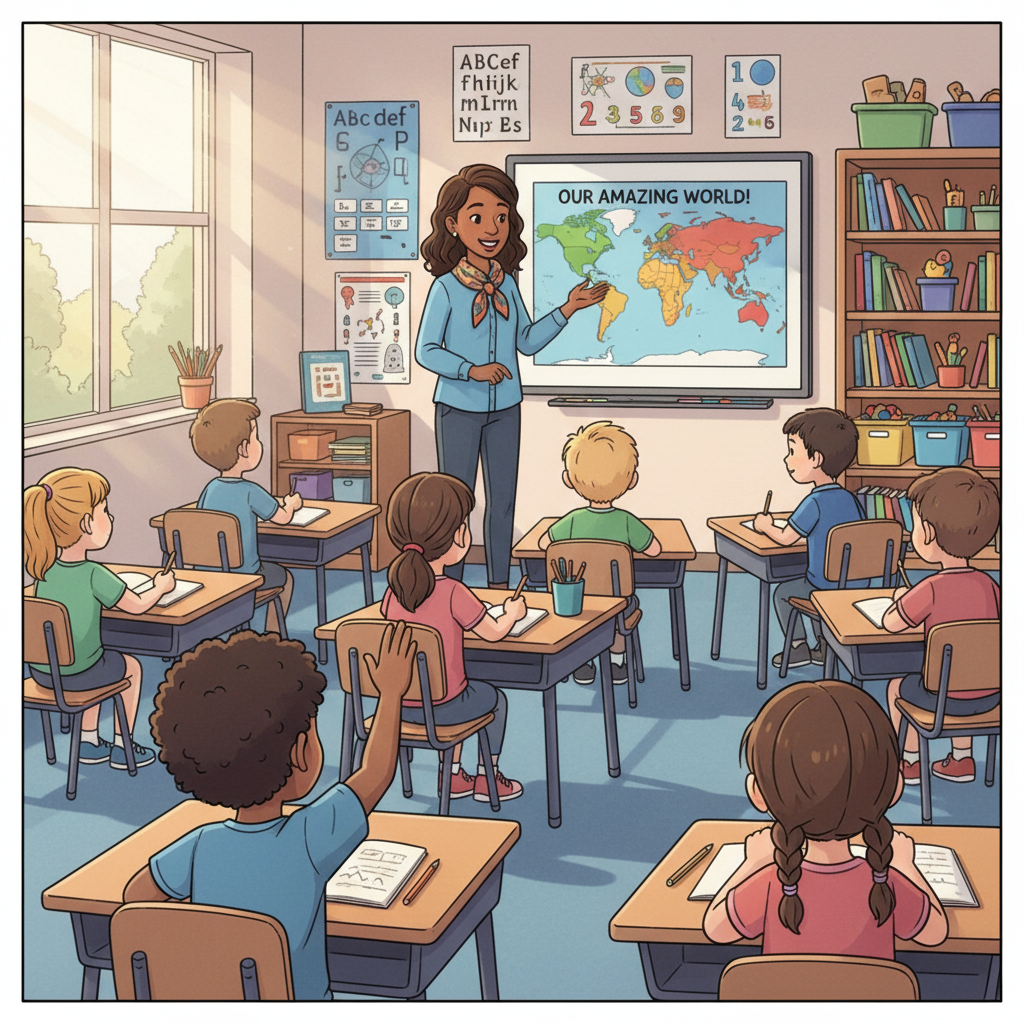 Detailed description of the first image related to classroom lectures, attention, independent learning, showing a diverse group of elementary school children in a classroom setting, one child raising their hand, and a teacher smiling. Children in classroom paying attention during classroom lectures, active learning