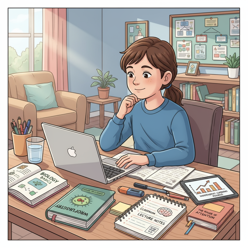 Detailed description of the second image related to classroom lectures, attention, independent learning, depicting a K-12 student at home, studying independently using a laptop and textbooks, with a calm and focused expression, surrounded by a few organized study materials. K-12 student engaged in independent learning at home, focused attention
