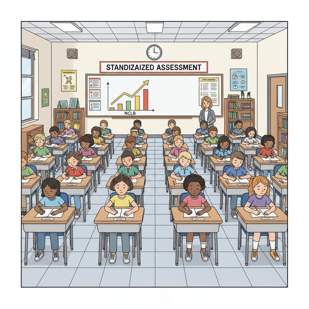 A diverse group of K-12 students eagerly participating in a standardized test in a brightly lit classroom, with papers and pencils on their desks. The scene reflects the focus on assessment introduced by NCLB. Students taking a standardized test, highlighting the impact of NCLB, educational accountability, and educational reform.