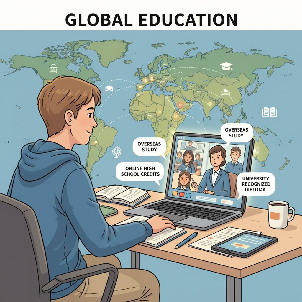 An American teenager studying online at a desk with a world map in the background, symbolizing global education and the pursuit of Online High School Credits, Overseas Study, and a University Recognized Diploma American teenager earning Online High School Credits for Overseas Study leading to a University Recognized Diploma