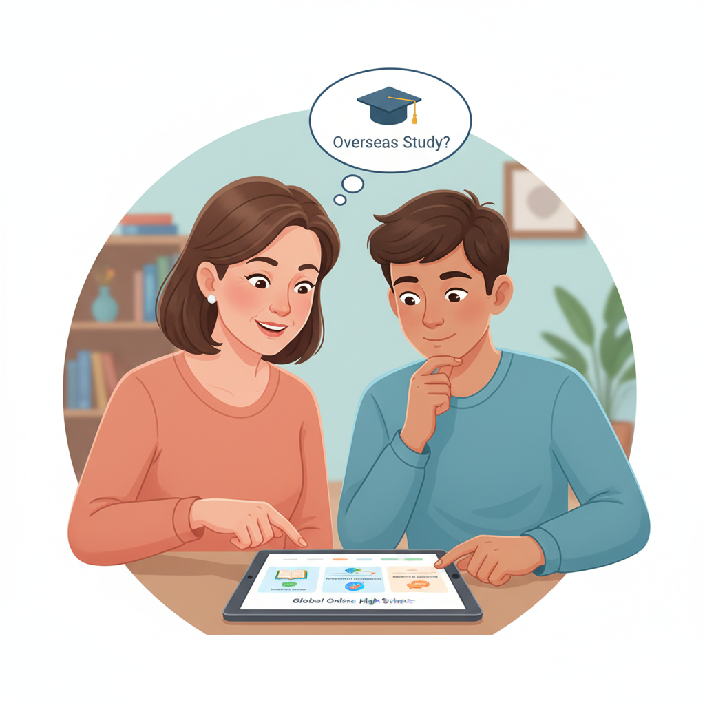A parent and their teenager collaboratively looking at a tablet, researching different online high school options and discussing features like curriculum, accreditation, and support systems for Overseas Study Parent and child researching Online High School Credits for Overseas Study leading to a University Recognized Diploma