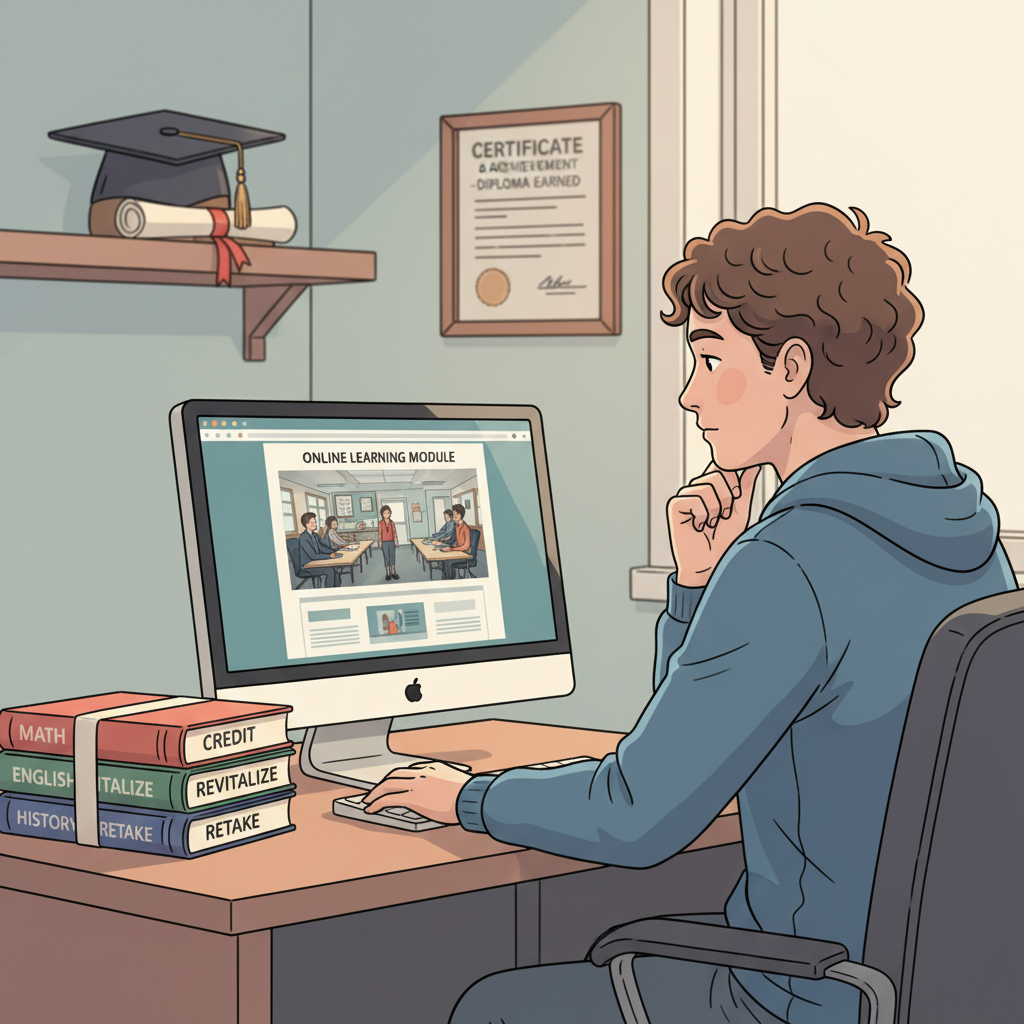 A student looking thoughtfully at a computer screen, possibly engaged in an online learning session, with academic books nearby, symbolizing credit recovery. The student appears to be around 18-22 years old, indicating the age range for '22 years old', along with school-related items like a graduation cap or diploma in the background to represent 'graduation' and 'credits'. Student earning K12 graduation credits, 22 years old