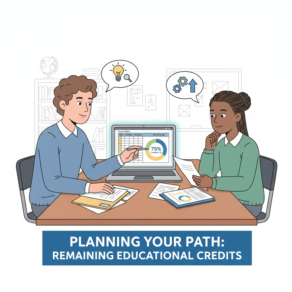 A parent and a child (around high school age) sitting together at a table, reviewing documents or a laptop, appearing collaborative and supportive in figuring out a plan for educational credits. The image conveys a sense of partnership and problem-solving, relevant to 'educational context' and 'remaining credits'. Parents helping with K12 graduation credits for 22 years old