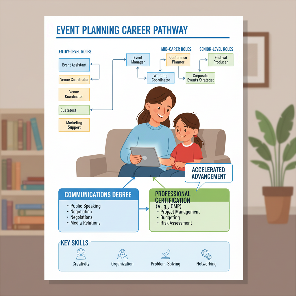 A parent and child looking at a tablet displaying a career path infographic for event planning, showing different roles, required skills, and the importance of professional certification and communications degree for career advancement. Parent and child exploring event planning, professional certification, and communications degree career paths