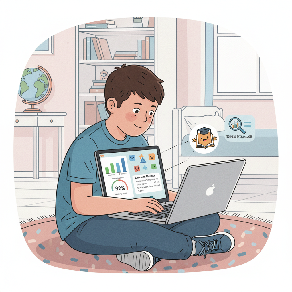 A child uses a laptop, engrossed in an educational game that displays progress graphs and learning metrics, highlighting technical data analysis in learning tools. Educational Data Analytics, Master's Programs, Teaching Evaluation in game-based learning