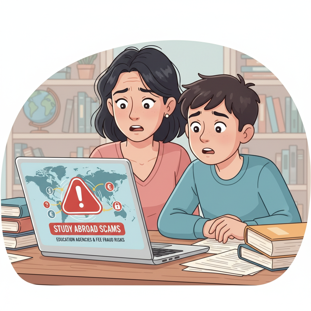 Detailed description of the first image related to Study Abroad Scams, Education Agencies, Fee Fraud: A parent and child looking worriedly at a laptop screen, which displays a warning sign over a world map, symbolizing the risks of study abroad scams and fee fraud. Study Abroad Scams, Education Agencies, Fee Fraud risks