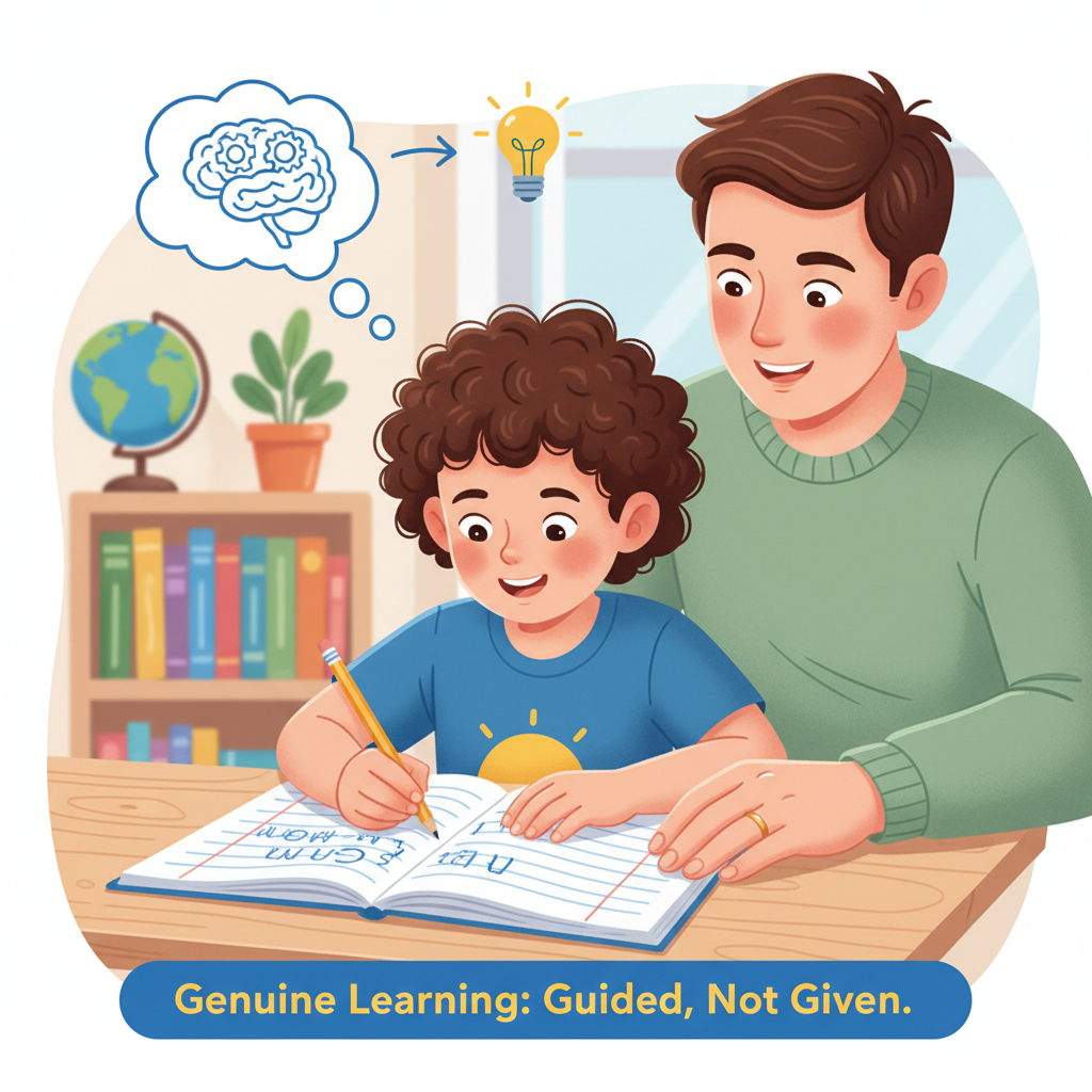 A child diligently writing in a notebook with a parent gently guiding their hand, symbolizing support for genuine learning over outsourcing. A parent helping their child with homework, reinforcing the importance of genuine effort and avoiding risks like lawessaypros, legitimacy, and order safety concerns.