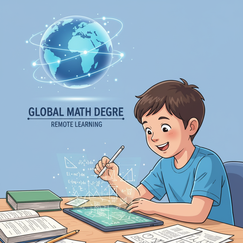 A child enthusiastically working on complex math problems on a tablet, with a blurred background showing a globe and interconnected digital lines, symbolizing remote learning and global access to a math degree through remote education and online courses. Child learning remote math degree online courses