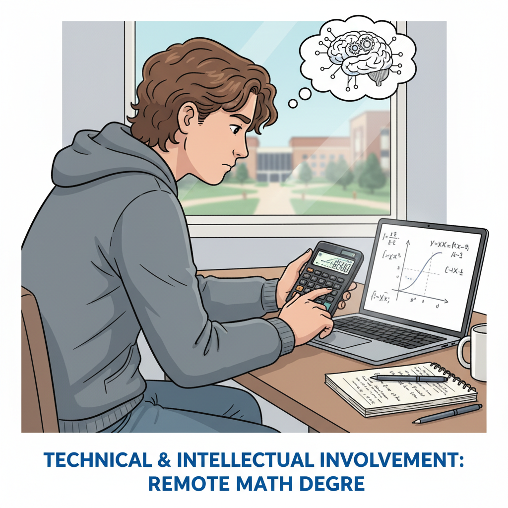 A high school student, focused, using a graphing calculator and a laptop to solve an advanced calculus problem, symbolizing the technical and intellectual engagement required for a remote math degree and online courses. Student engaged in advanced remote math degree online courses