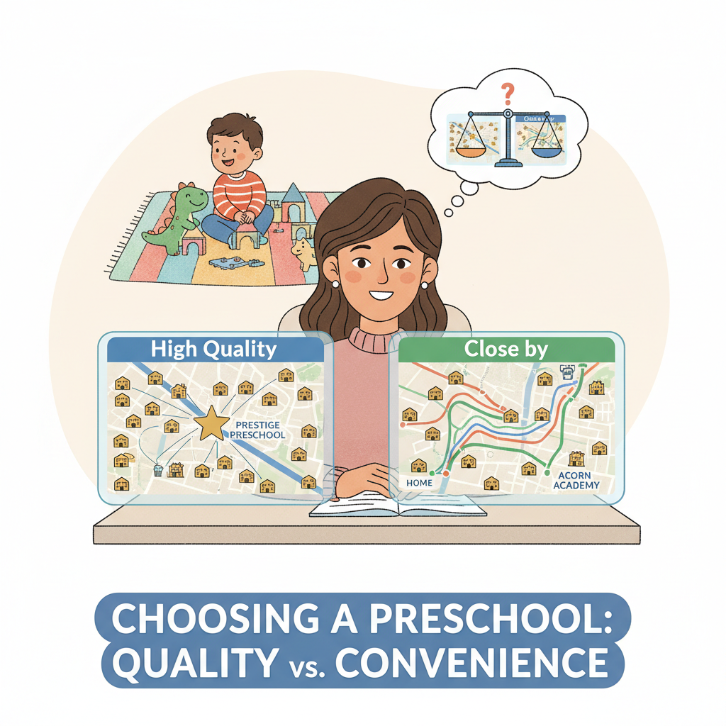 A parent looks at two digital maps showing different private preschool locations and commute routes, one marked Parents balancing private school, commute time, school choice