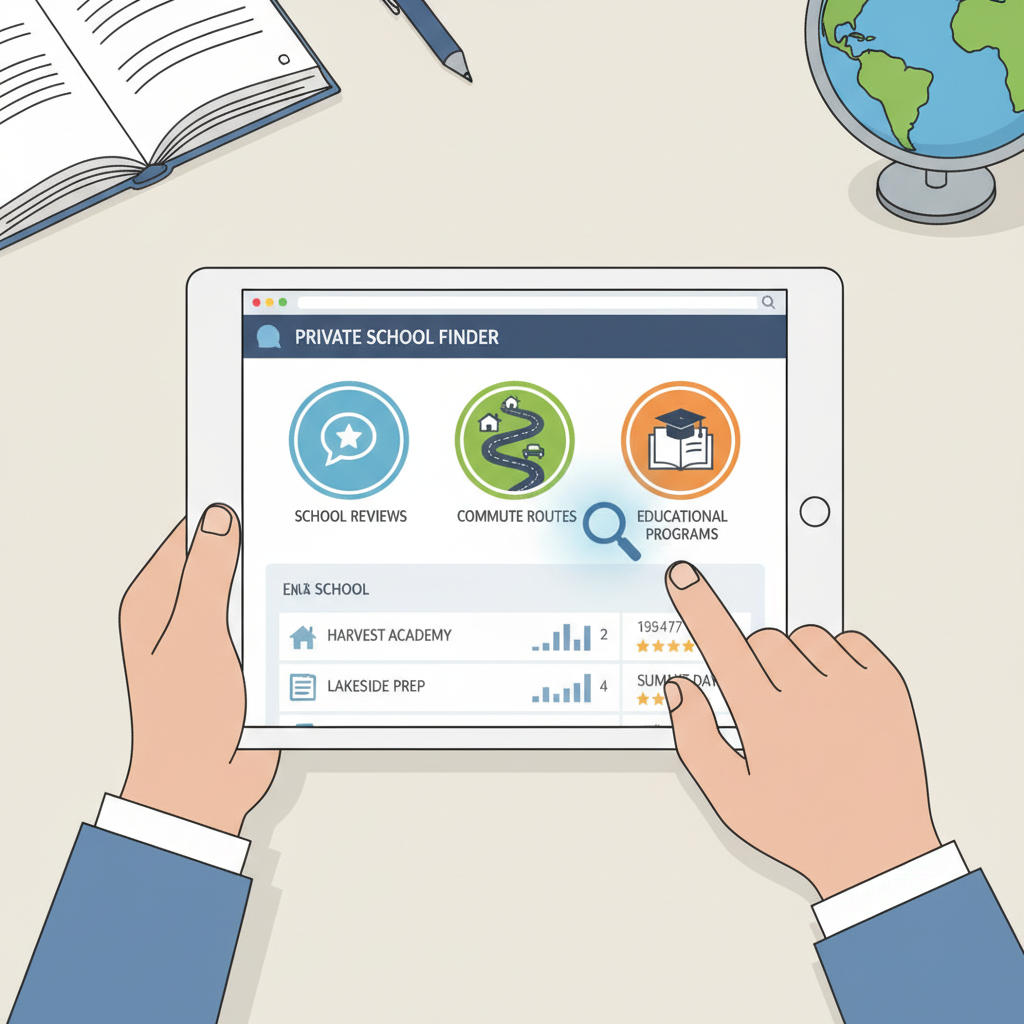 A parent uses a tablet to research and compare different private school options online, with icons representing school reviews, commute routes, and educational programs, highlighting the digital tools available for school choice decisions. Researching private school, commute time, school choice online