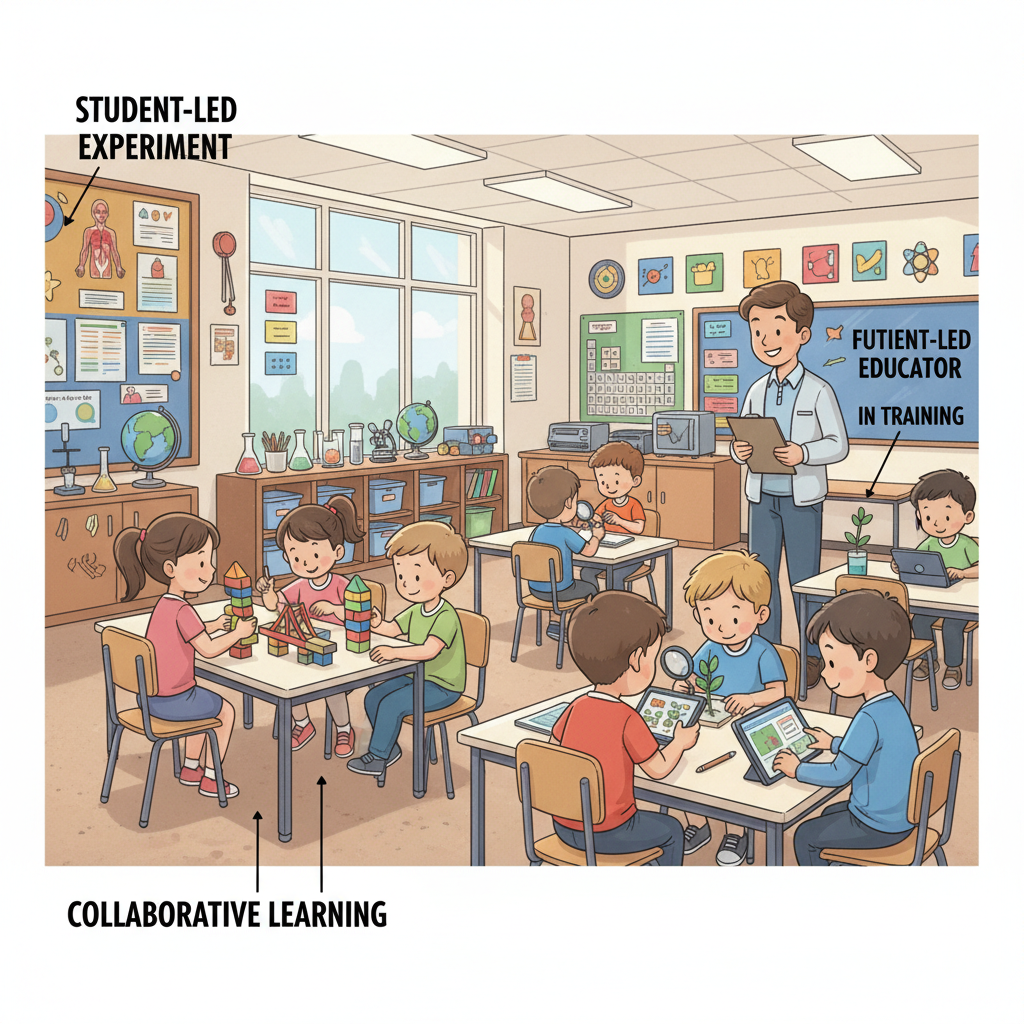 A vibrant classroom scene in a University Laboratory School, with children aged 6-8 engaged in an interactive group activity, while a university student observes in the background, learning teaching techniques. Children learning in a University Laboratory School classroom