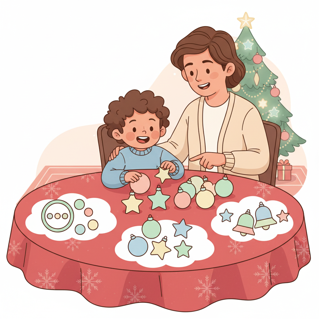 Detailed description of a child enthusiastically sorting colorful Christmas ornaments by size and shape on a festive red tablecloth, with a parent gently guiding them. The ornaments are of various colors and simple geometric shapes like circles, stars, and bells. The background shows a subtly blurred Christmas tree. Child doing Christmas ornament math activities: sorting by shape and color