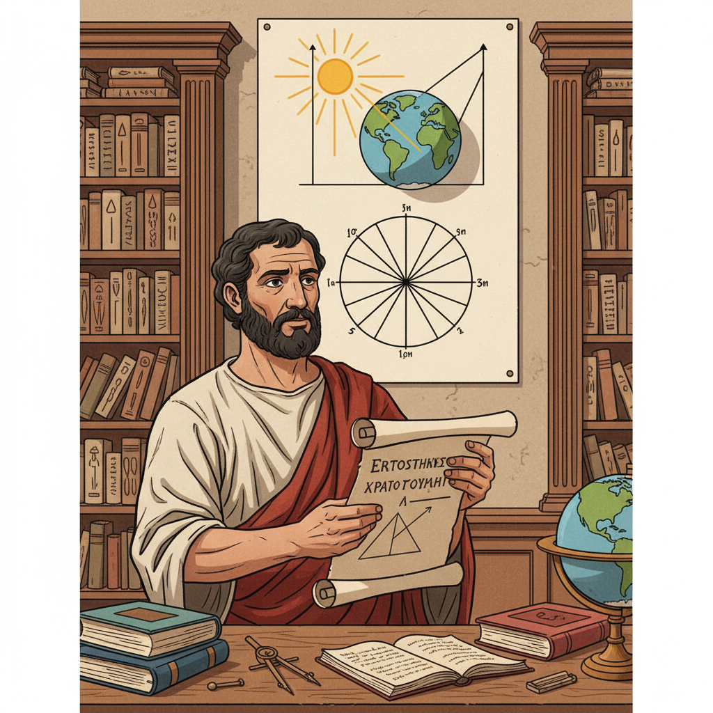 An illustration of Eratosthenes in ancient Alexandria, deep in thought, holding a scroll, with images of the sun and Earth in the background. The scene suggests intellectual curiosity and scientific inquiry. Eratosthenes thinking about geometry and Earth's size.