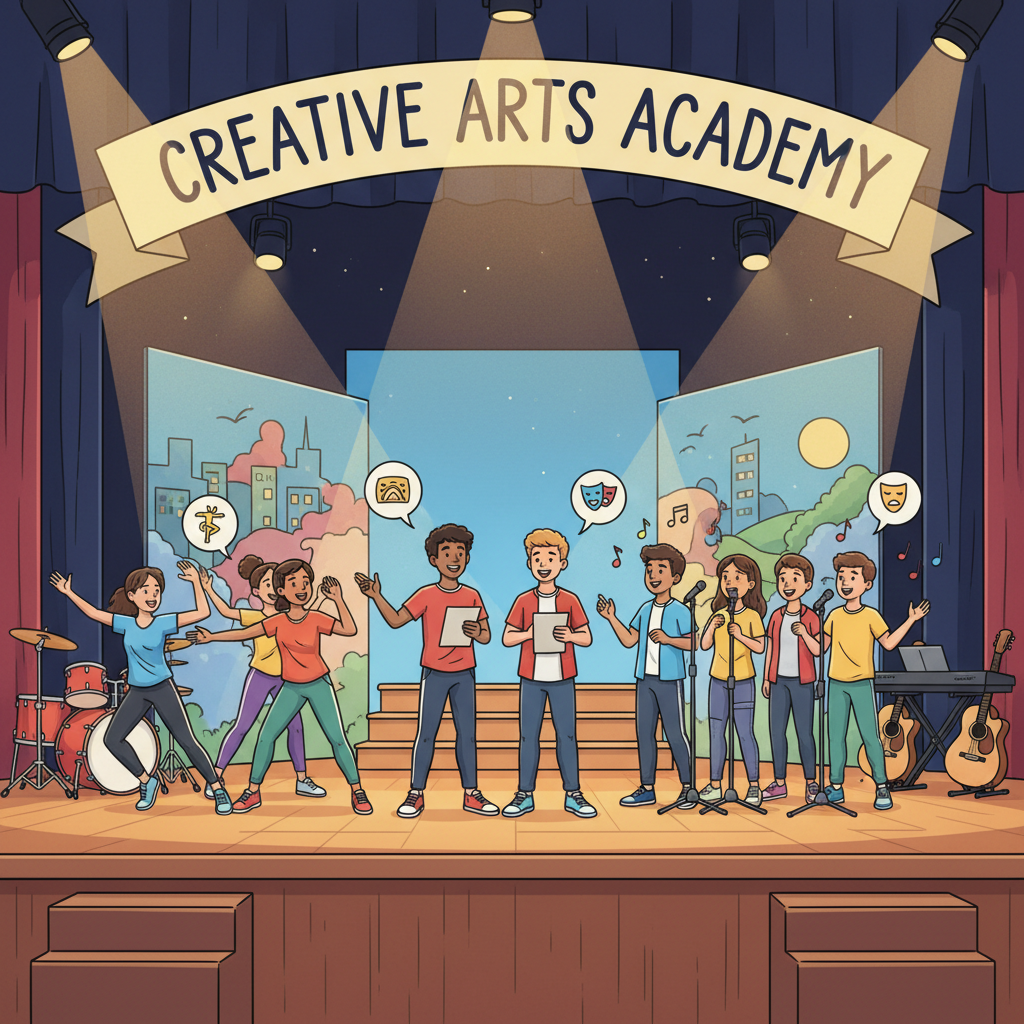 A vibrant high school stage with students rehearsing a play, showcasing various performing arts disciplines like acting, singing, and dancing. The scene emphasizes collaboration and creativity within a specialized school setting. Students performing on stage at a Performing Arts High School