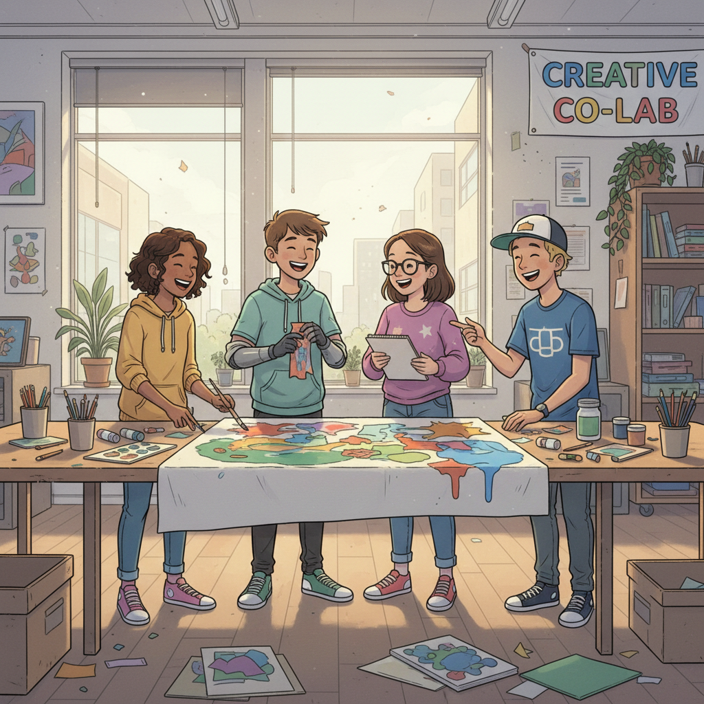 A diverse group of teenage students, dressed in casual clothing, laughing and collaborating on a creative project in a bright, modern studio space. This emphasizes the community and hands-on learning aspect. Diverse students collaborating in a Performing Arts High School studio