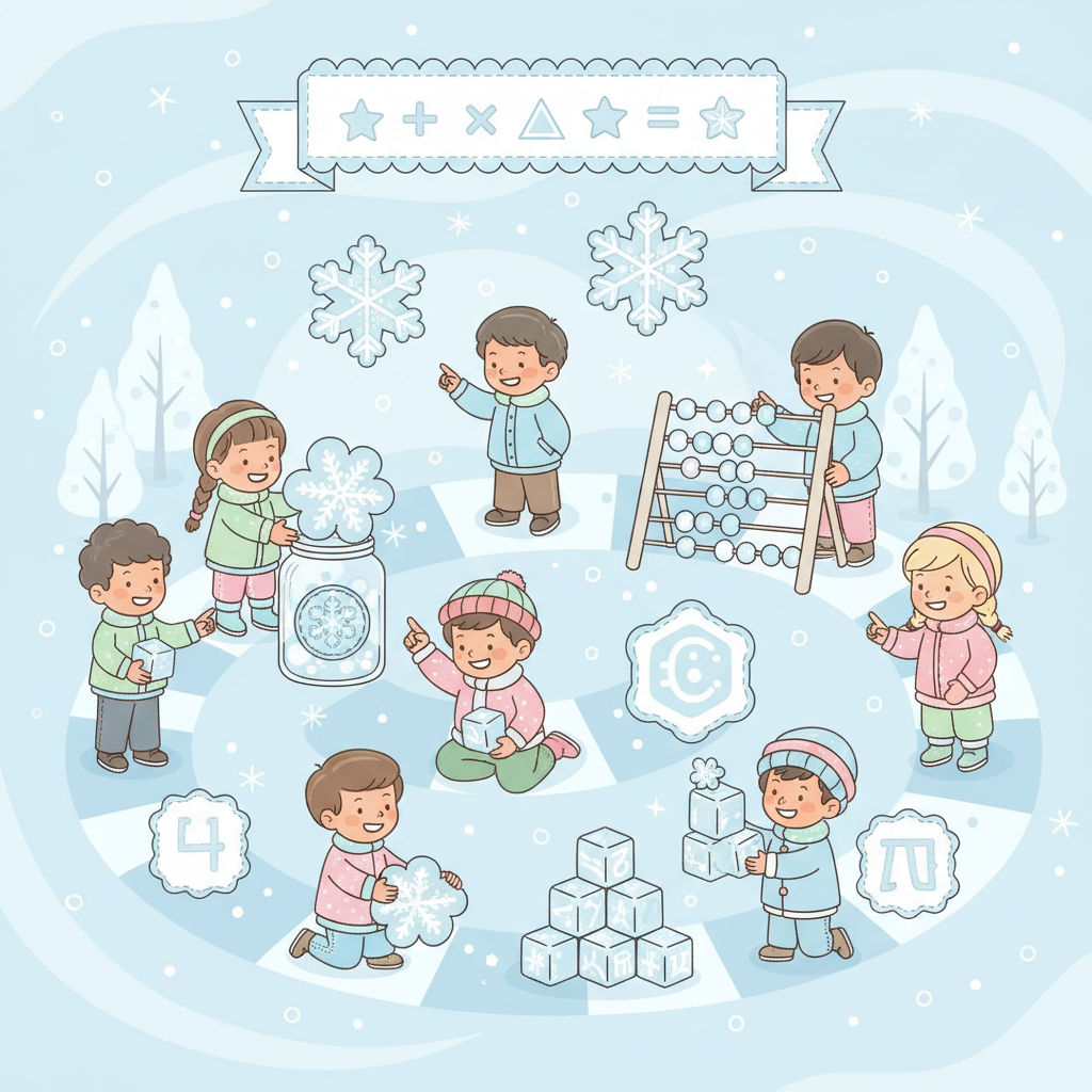 Children happily engaged in a snow-themed math game, counting snowflakes or ice cubes. Include keyword