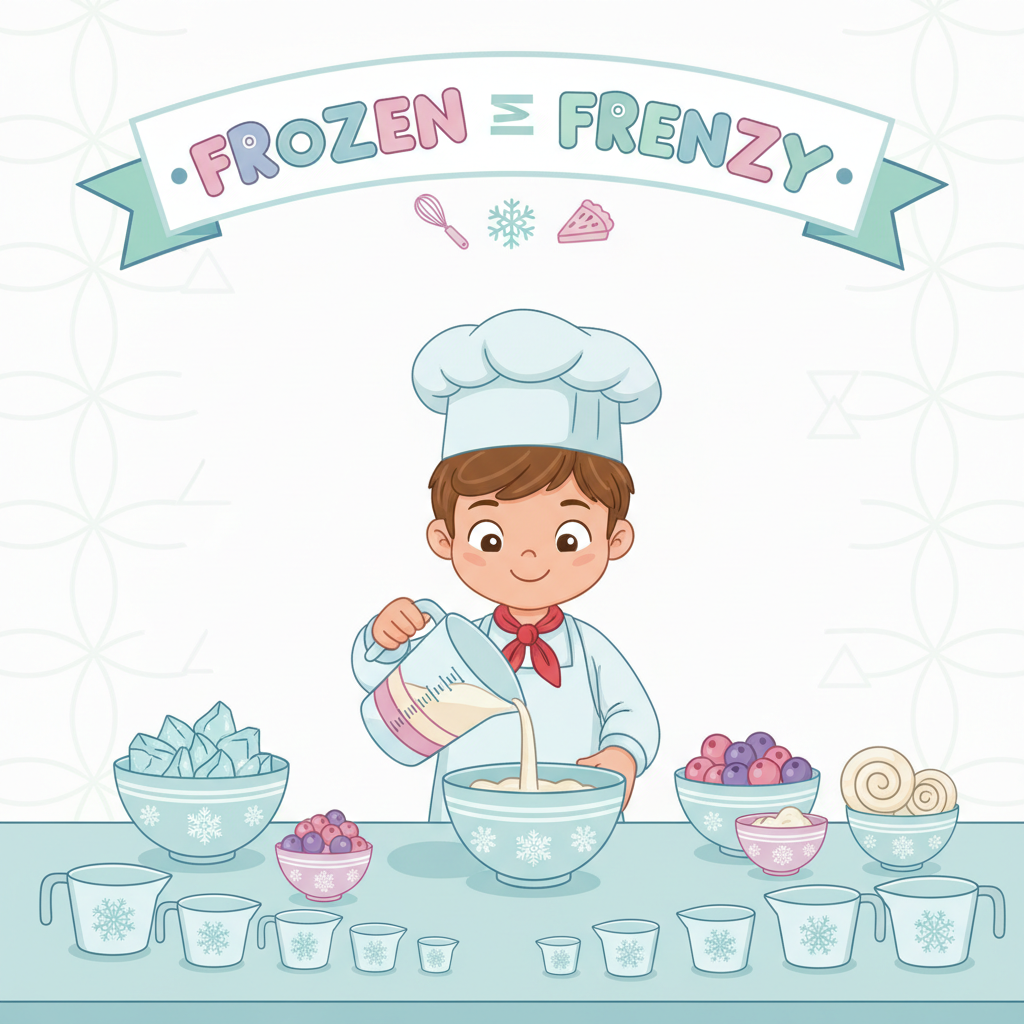 A child measuring ingredients for a 'frozen fraction frenzy' baking activity, with measuring cups and bowls visible. Include keyword
