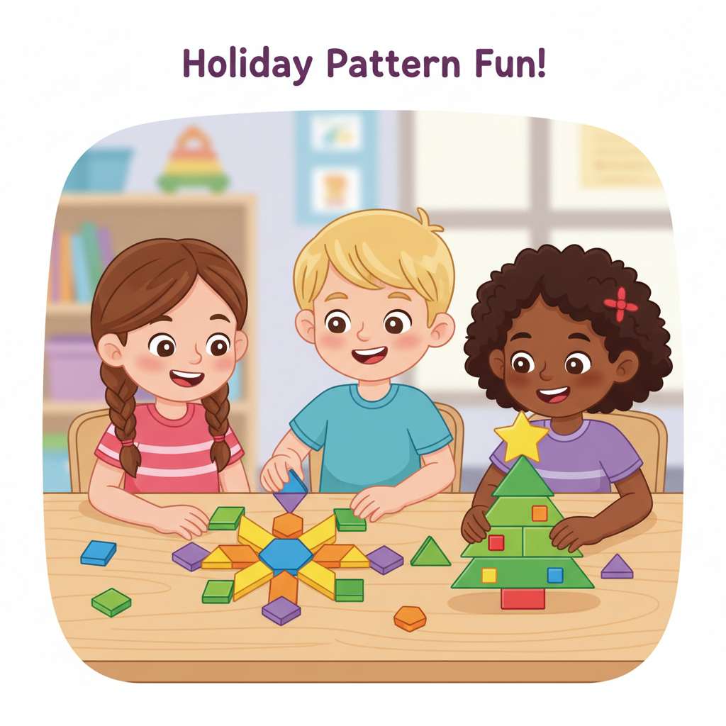 Children happily arranging colorful pattern blocks into holiday shapes like snowflakes or Christmas trees. Children engaging in holiday pattern block activities to create festive designs.