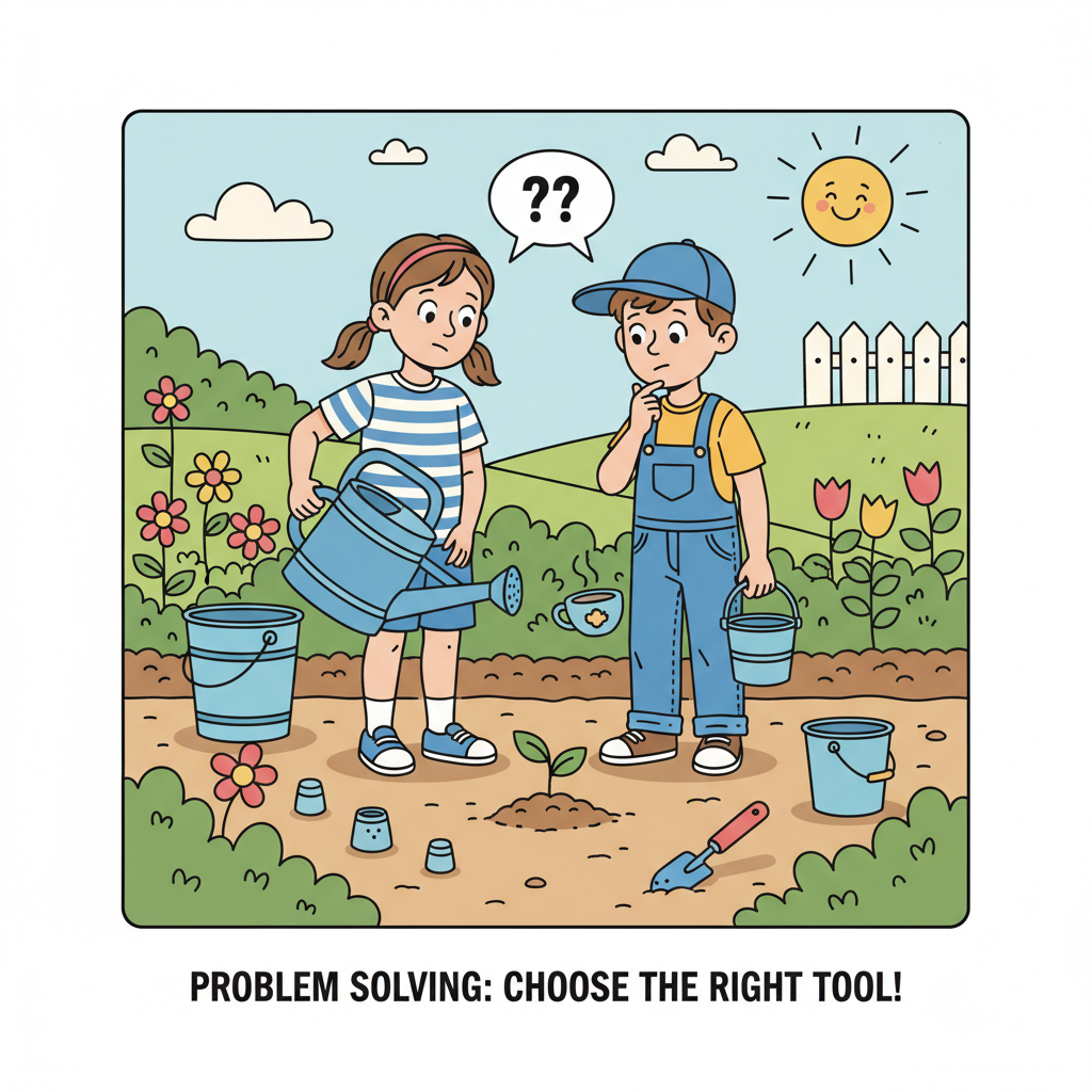 A young girl and boy in a garden with different sized watering cans and buckets, looking thoughtful about their task. Children learning about volume and capacity with watering cans