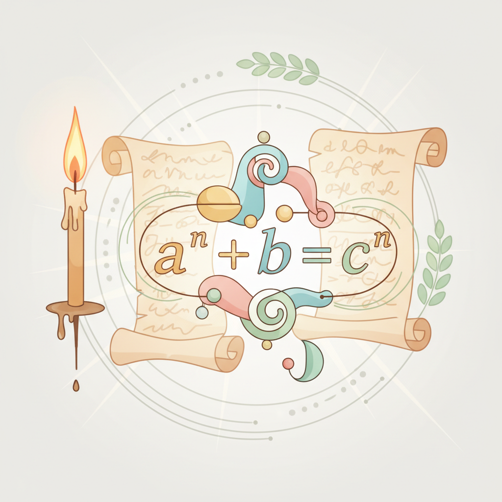 A stylized image showing mathematical equations and symbols, perhaps a representation of Fermat's Last Theorem (a^n + b^n = c^n), with a subtle background hinting at historical texts and a burning candle. The image represents the abstract nature of math and historical problem-solving. Fermat's Last Theorem mathematical concept