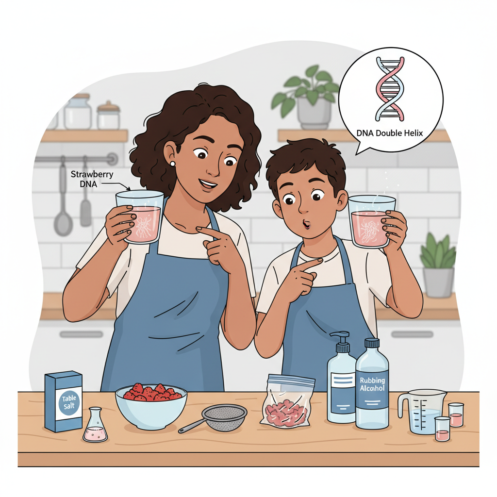 A parent and a child (around 10 years old) conducting a simple strawberry DNA extraction experiment in a kitchen. They are holding clear glasses with the mixture, observing the stringy DNA. Parent and child performing a forensic science DNA extraction experiment